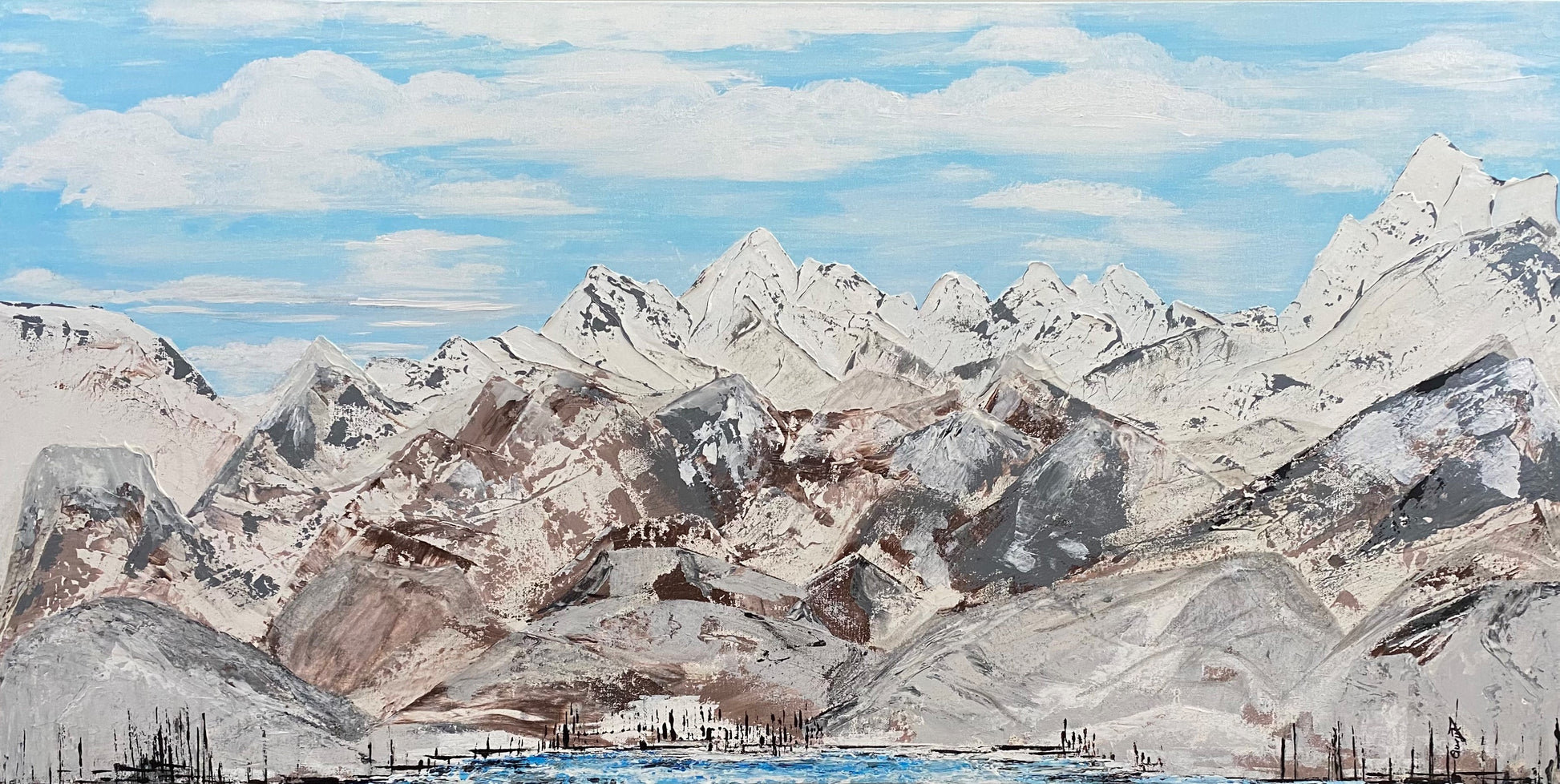 A canvas painting featuring a mountainous landscape under a bright blue sky.