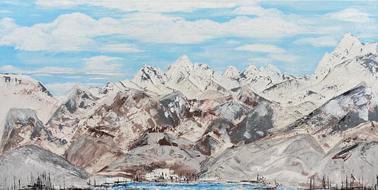 A canvas painting featuring a mountainous landscape under a bright blue sky.