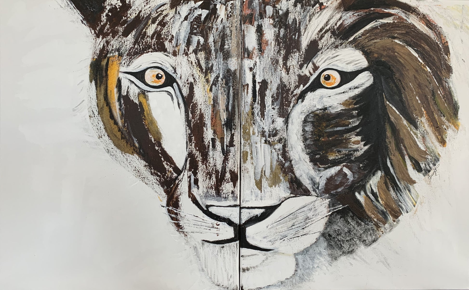 An acrylic diptych painting on canvas featuring a stylized, abstract half lion and half lioness.