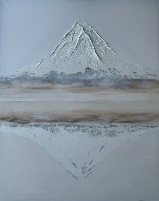 A canvas artwork featuring a stylized representation of a mountain with a triangular peak, surrounded by a gradient of gray to white colors, with a misty background.