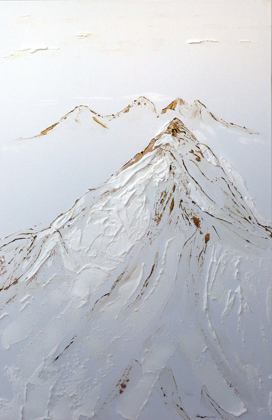 A canvas painting featuring a stylized mountain with a gold-colored peak, set against a white snowy background.