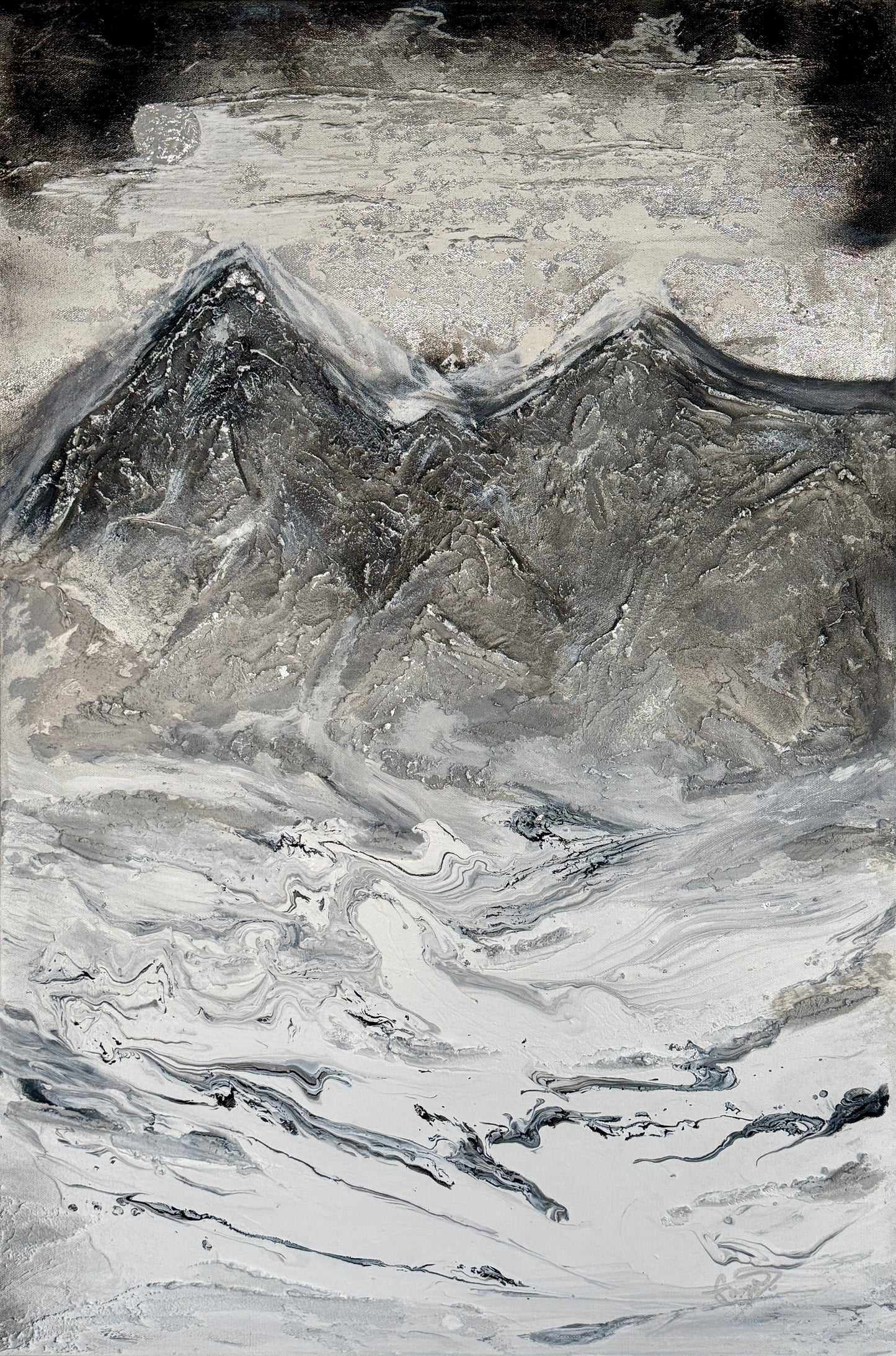 Highly texturized painting of the mountains in the night sky with silver moon 