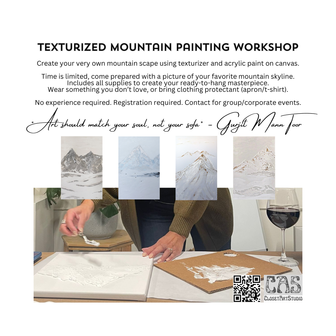 Mountain canvas painting workshop for 10+ participants. No experience required. Group projects. Event bookings.