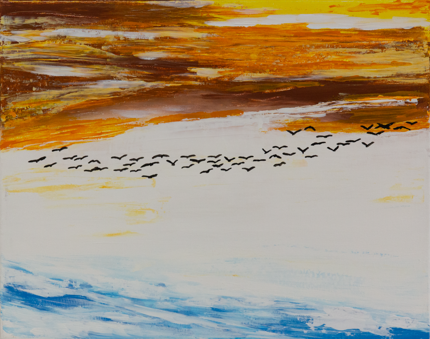 An acrylic on canvas painting featuring a dramatic sunset with birds flying, in shades of orange, yellow, blue, and gray.