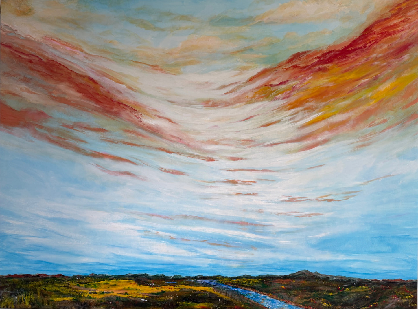 Prairie Dream. Oversized, big sky, vast horizon, prairie and mountain painting. Acrylic on canvas.