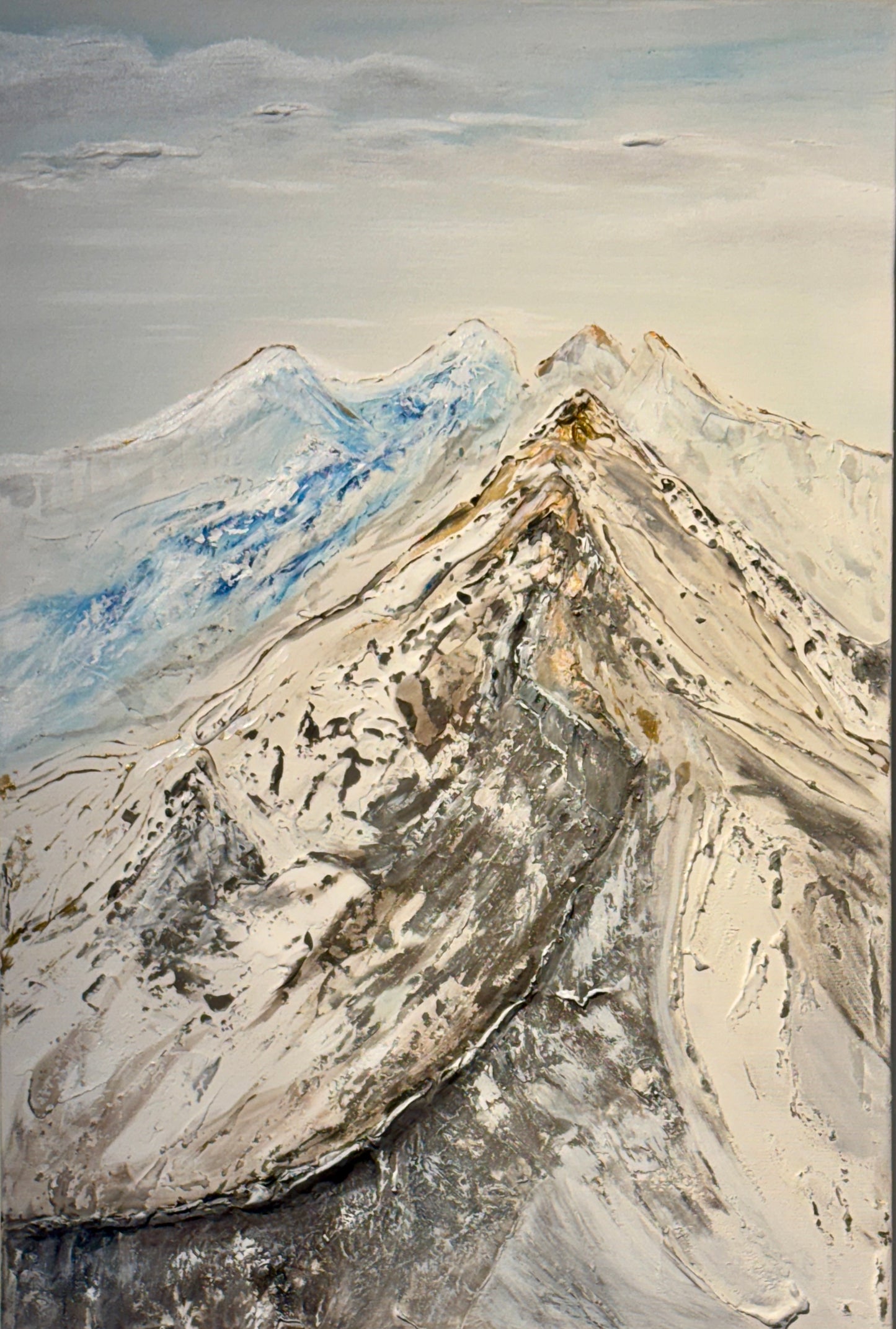 Highly textured rocky mountain landscape painting of a ridge going up the mountain