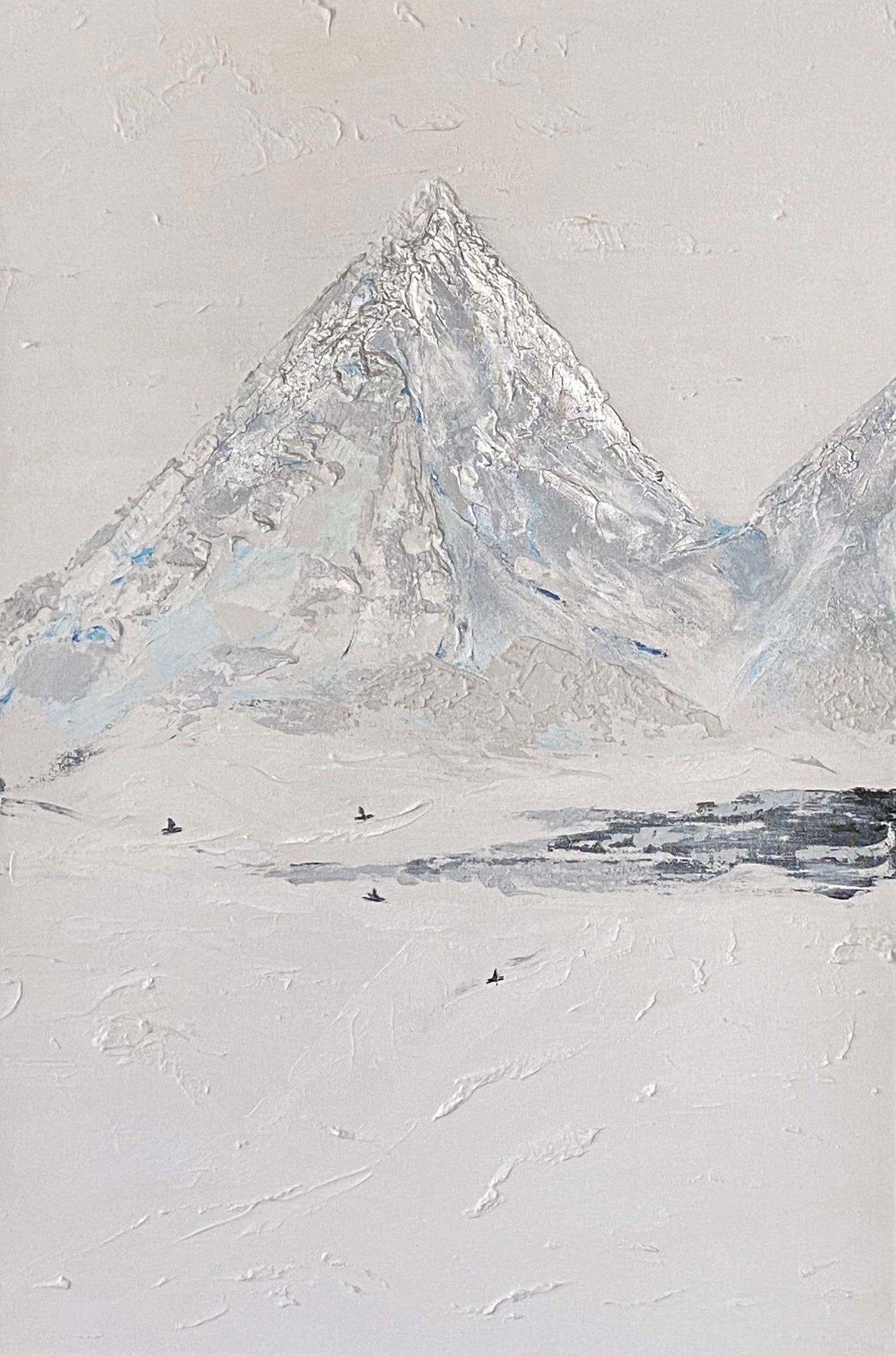 A serene painting illustrating adventure loving skiers amidst the majestic Rocky Mountains.