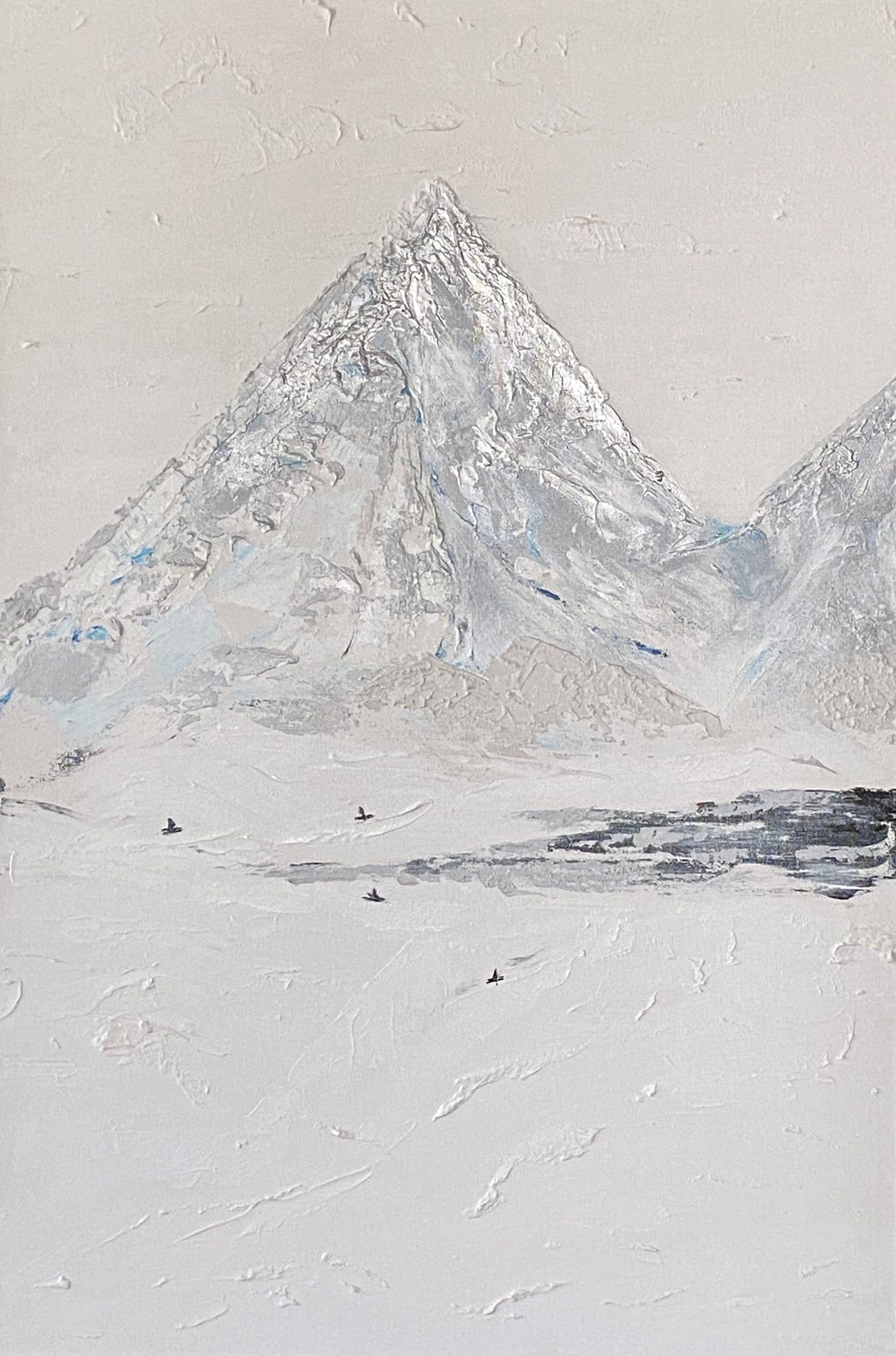 A serene painting illustrating adventure loving skiers amidst the majestic Rocky Mountains.
