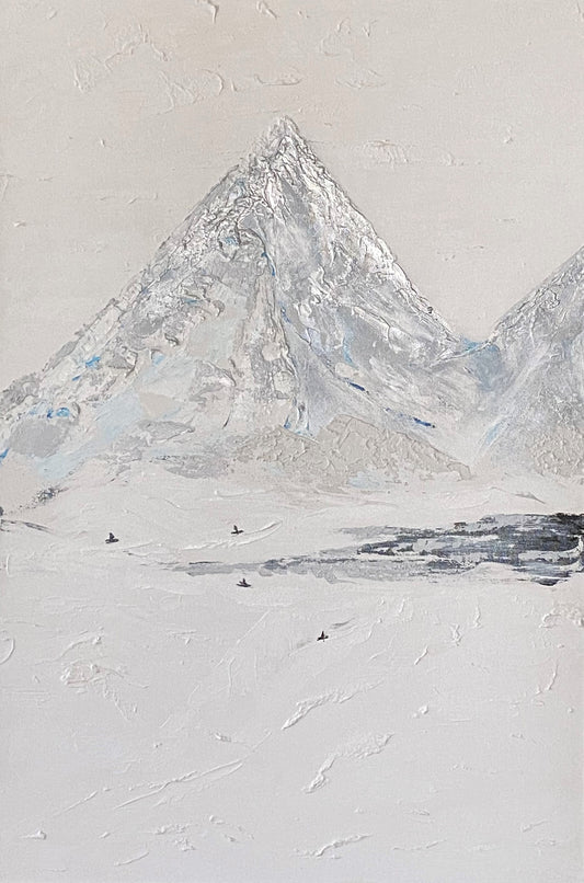 A serene painting illustrating adventure loving skiers amidst the majestic Rocky Mountains.