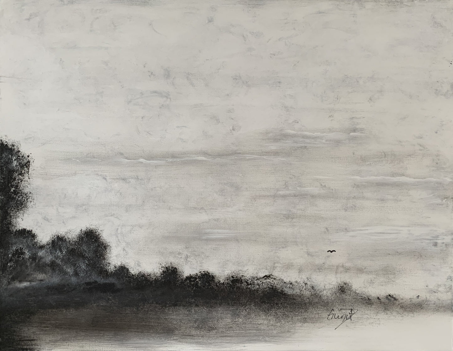 Serene black and white painting of a lone bird flying over an abstract landscape