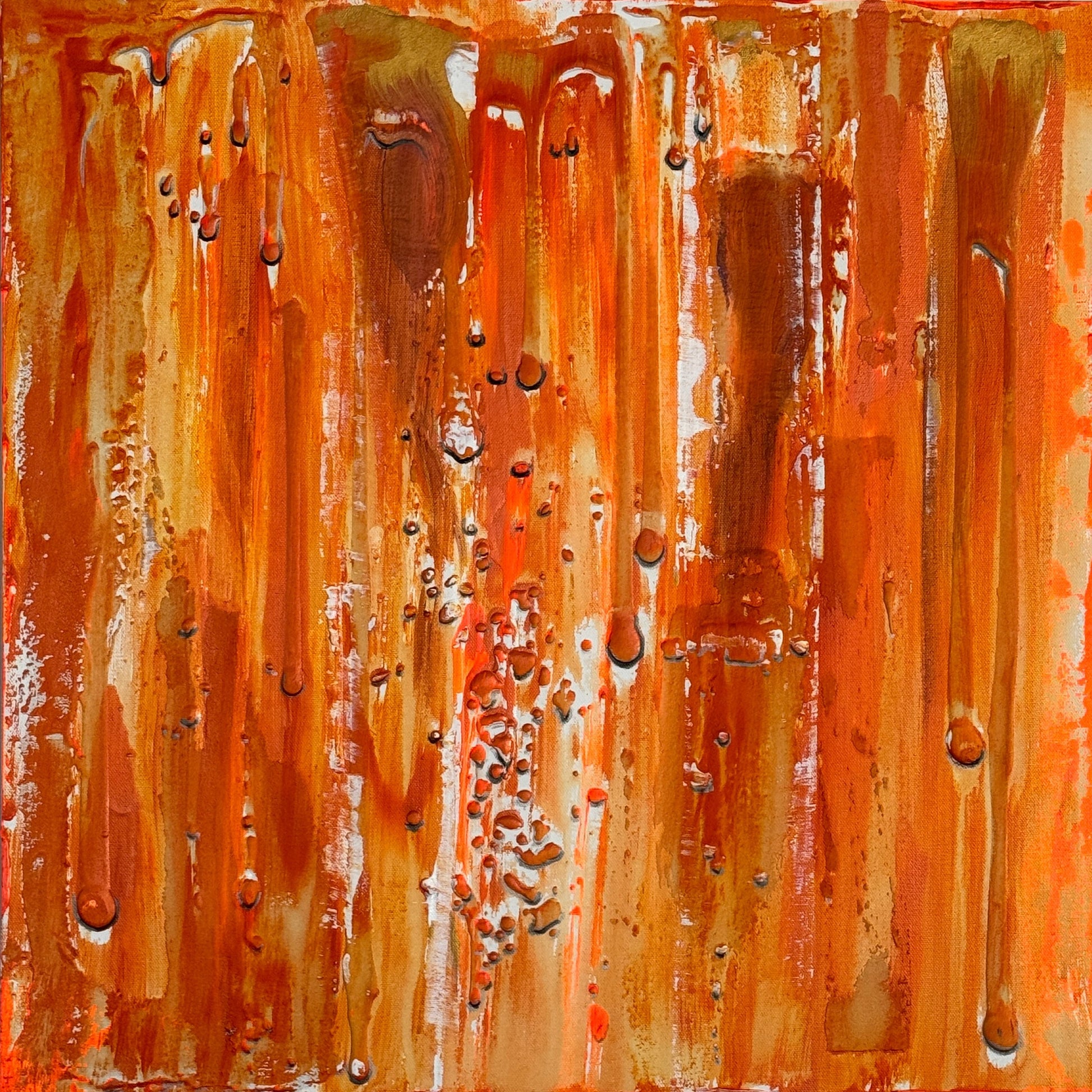A square-shaped canvas painting featuring a warm-colored abstract scene with raindrop shapes in orange and brown.