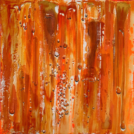 A square-shaped canvas painting featuring a warm-colored abstract scene with raindrop shapes in orange and brown.