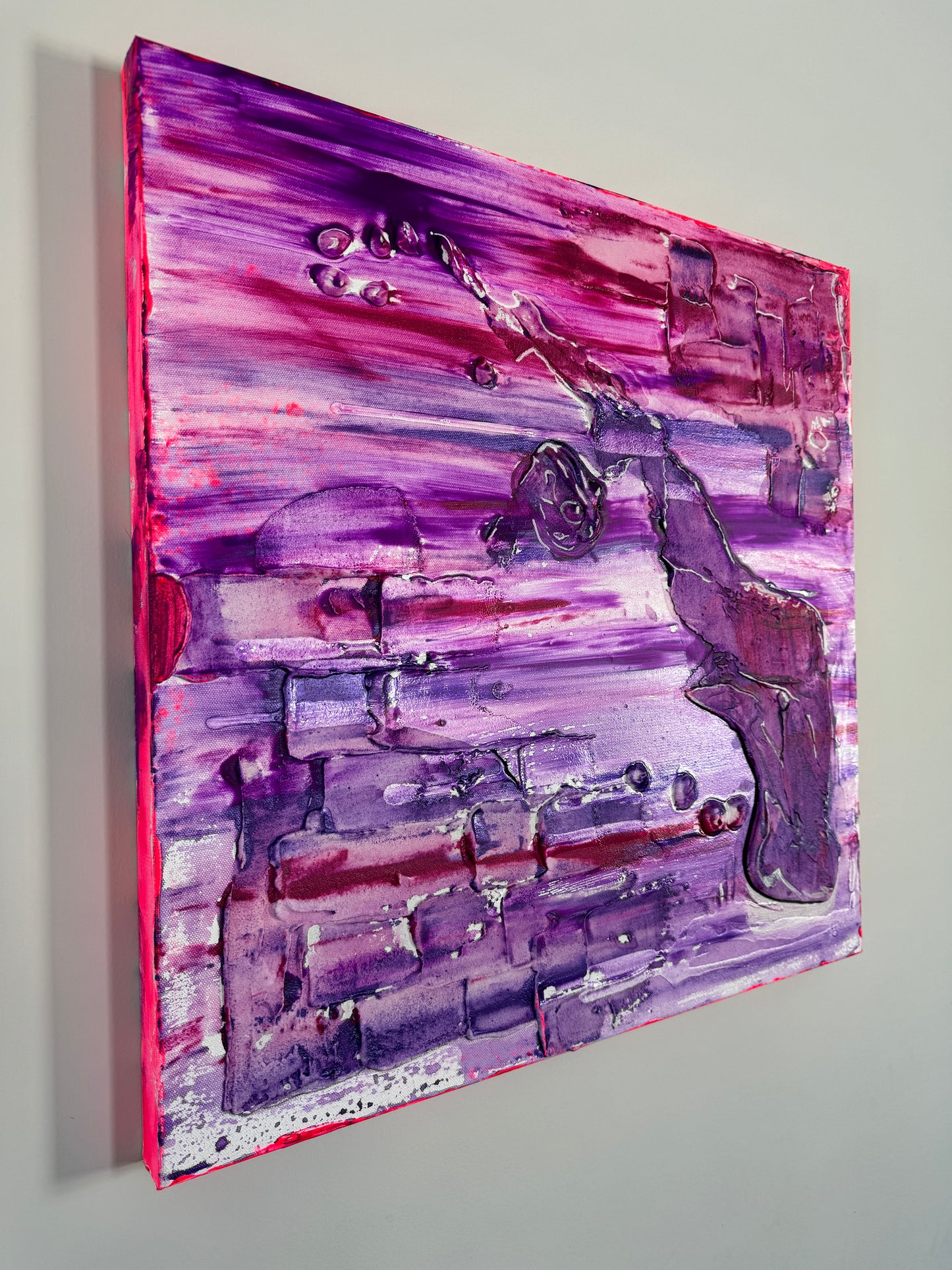 Square abstract texturized painting in pink and purple