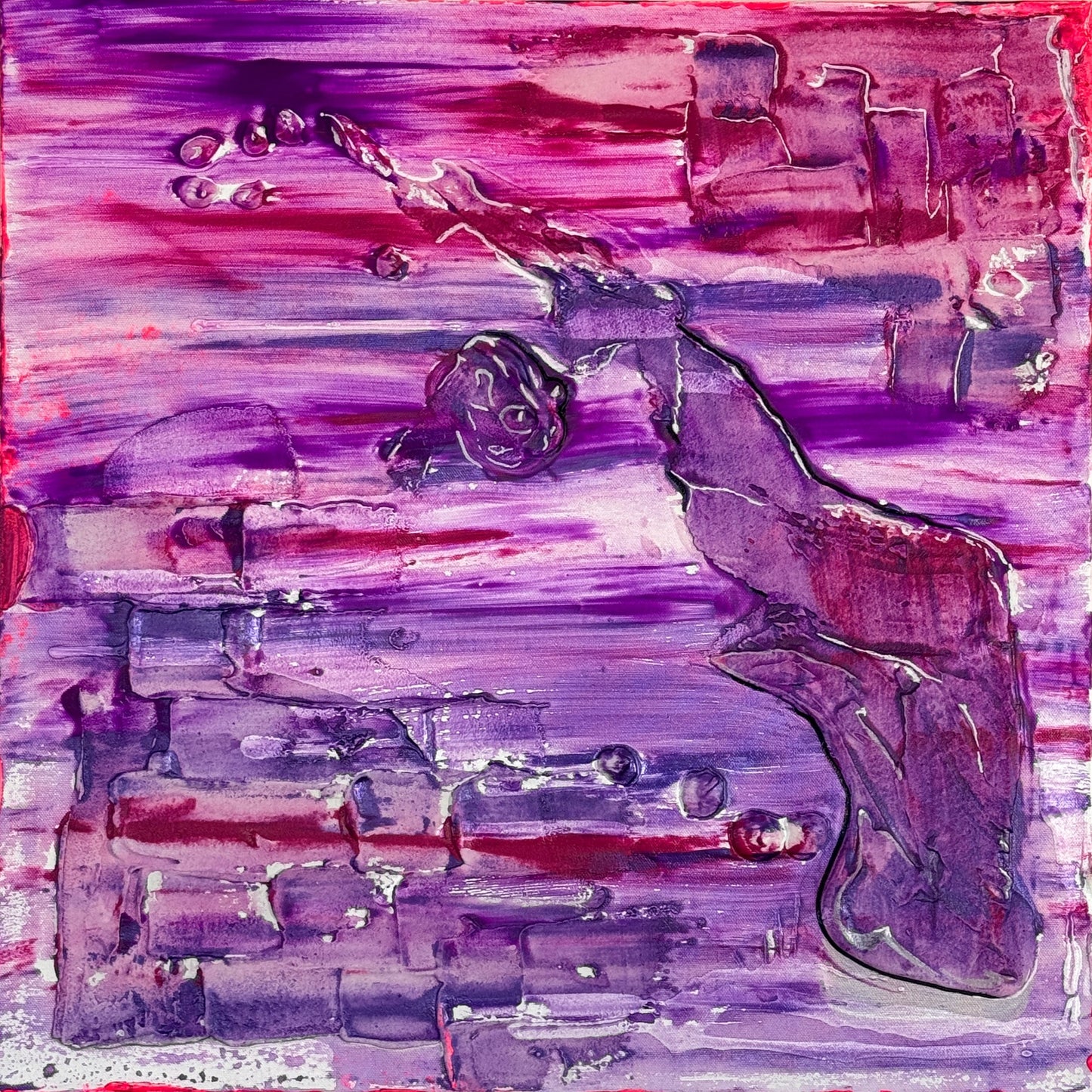Square abstract texturized painting in pink and purple