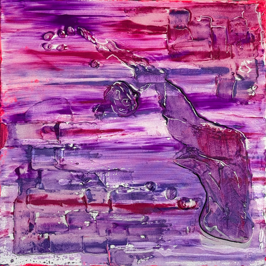 Square abstract texturized painting in pink and purple