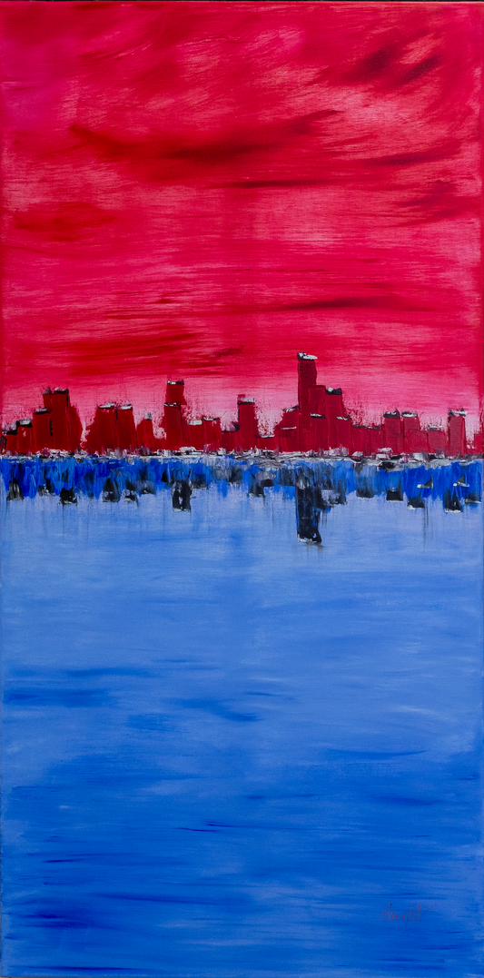 Painting of a vibrant cityscape with reflective water in blue and red