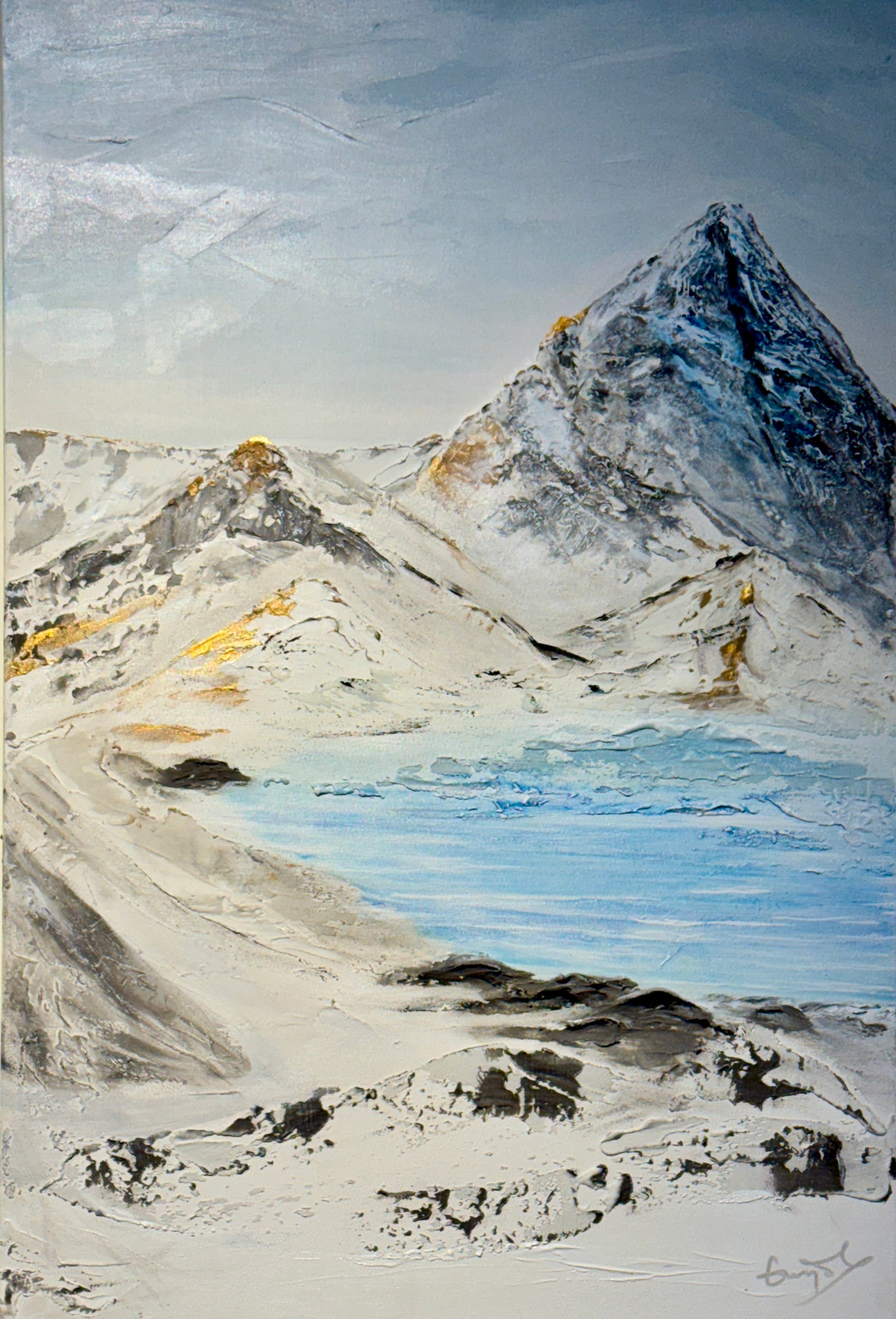 Texturized rocky mountain landscape painting with a lake