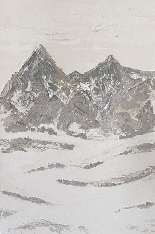 A canvas painting depicting a mountainous rocky landscape with gray and white tones