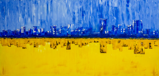 An abstract oil painting on canvas featuring a blend of blue and yellow colors with textured brush strokes.