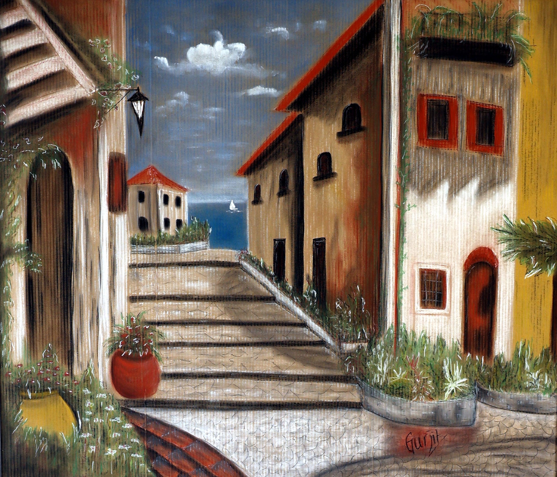 A framed chalk pastel artwork depicting an Italian street scene with a serene seascape in the background.