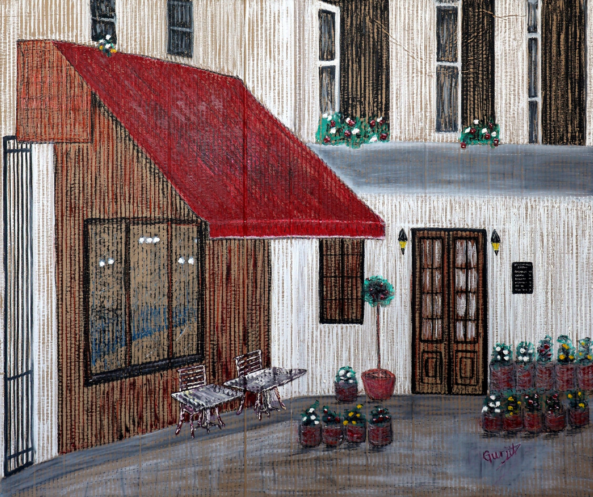 An oil pastel painting featuring a French cafe scene with a red roof, windows, and a small outdoor seating area with flowers